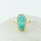 Turquoise Gem Ring, Turquoise 10x17mm Coffin Gemstone Ring, 18k Gold Plated Bezel Set Ring, 925 Sterling Silver Coffin Shape Ring For Women